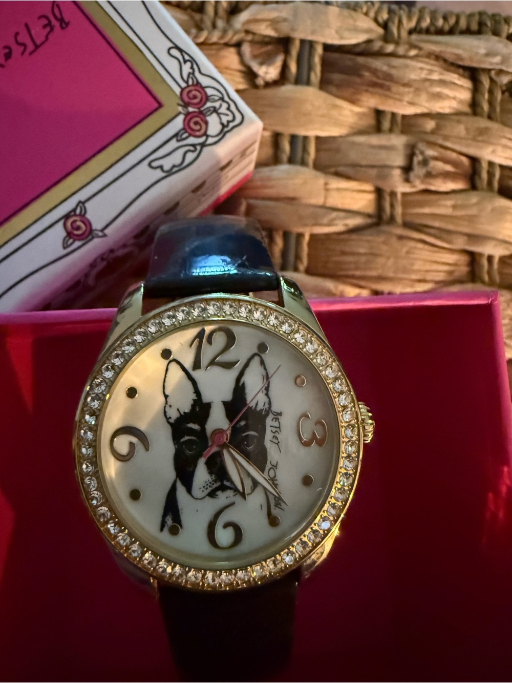 Gold Betsey Johnson Black Strap Watch with Dog Dial
